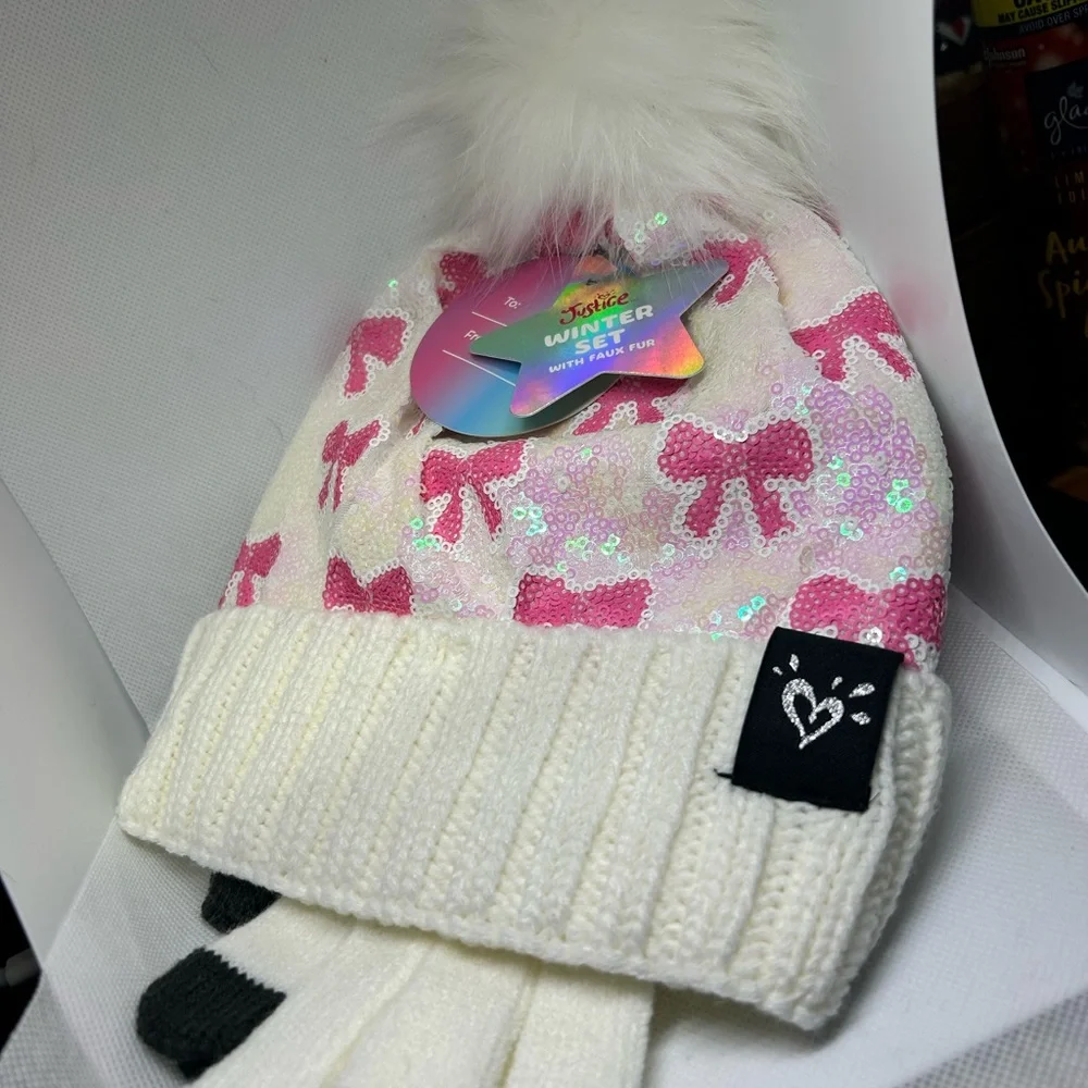 Justice Sequin‎ Kid’s Hat Gloves Set White and Pink Bow